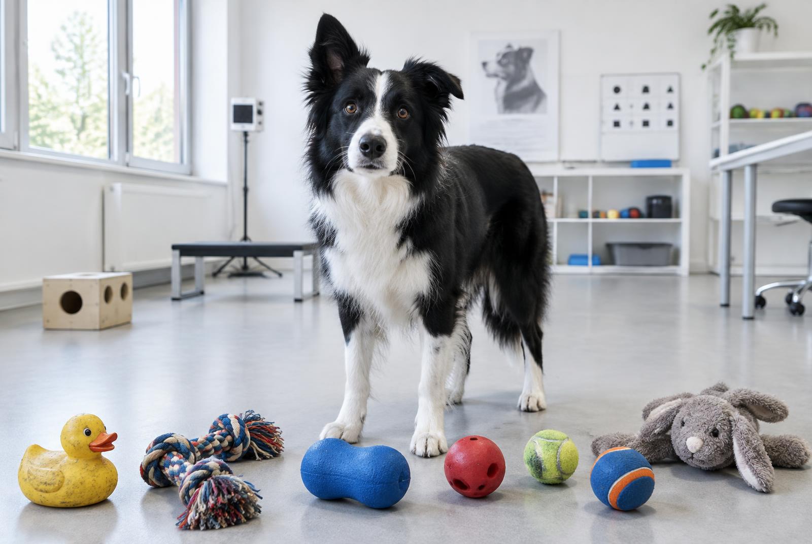 Atlas, a black-and-white border collie, in a canine cognition laboratory